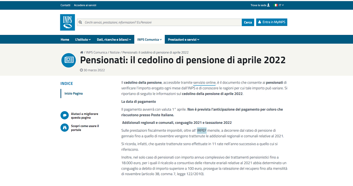 Cedolino pensione aprile 2022, mensilità pagata nuovamente nei tempi