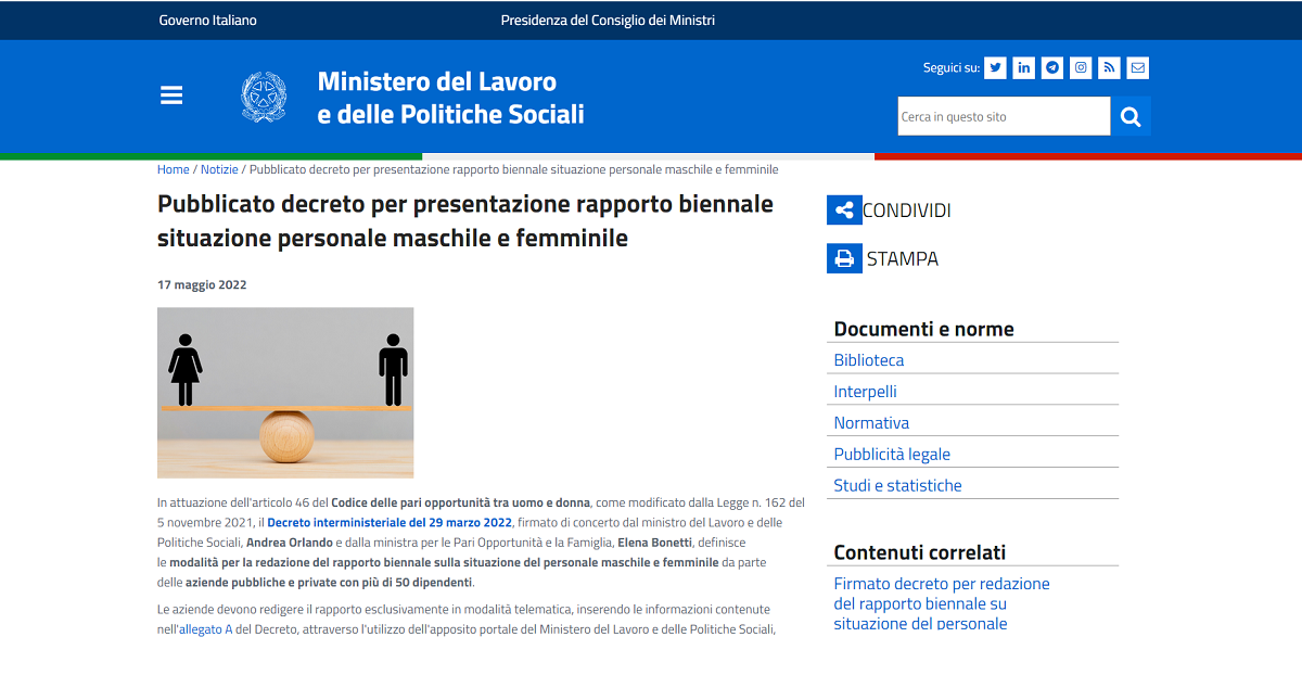 Rapporto Biennale Pari Opportunità, Online Il Decreto Interministeriale ...