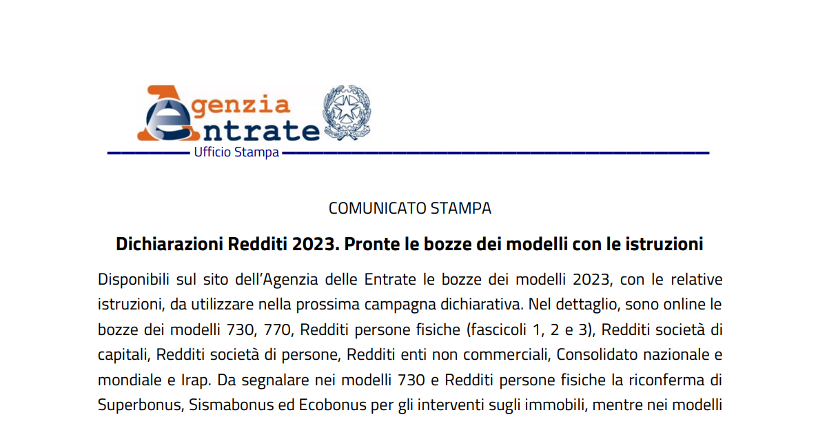 Dichiarazione dei redditi 2023 dall’Agenzia delle Entrate modelli e