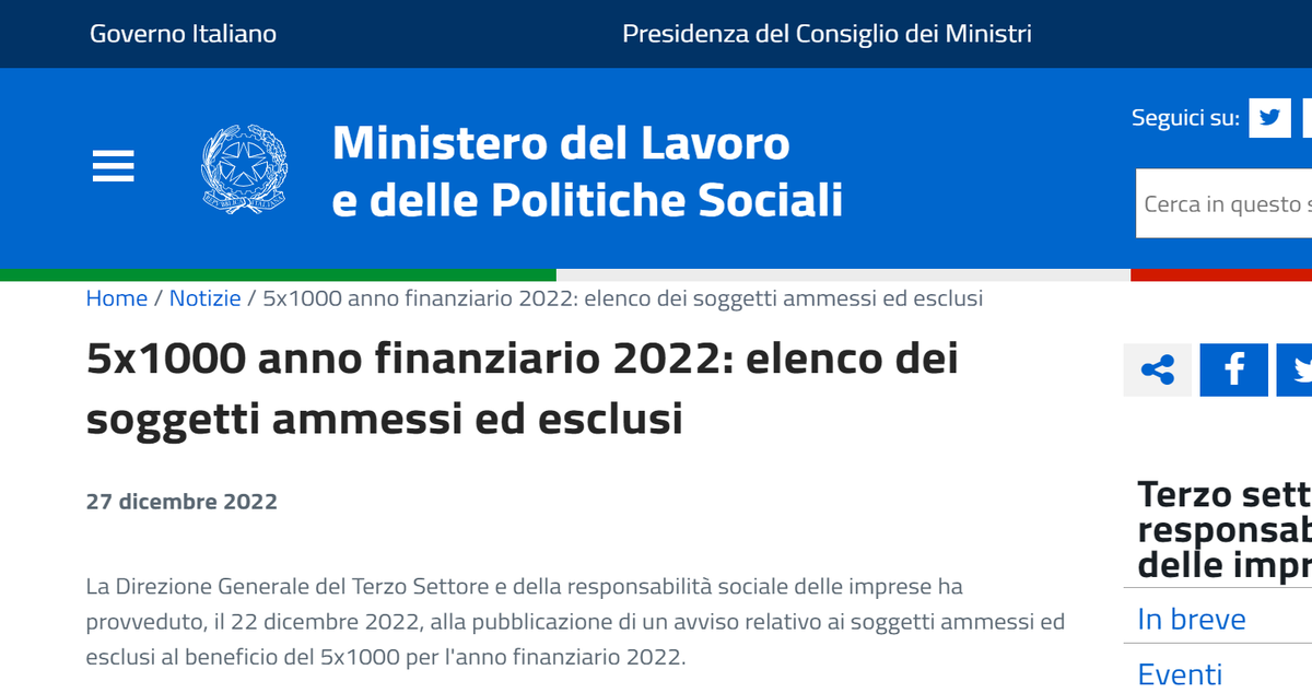 5 per Mille 2022 pubblicato l’elenco degli enti ammessi