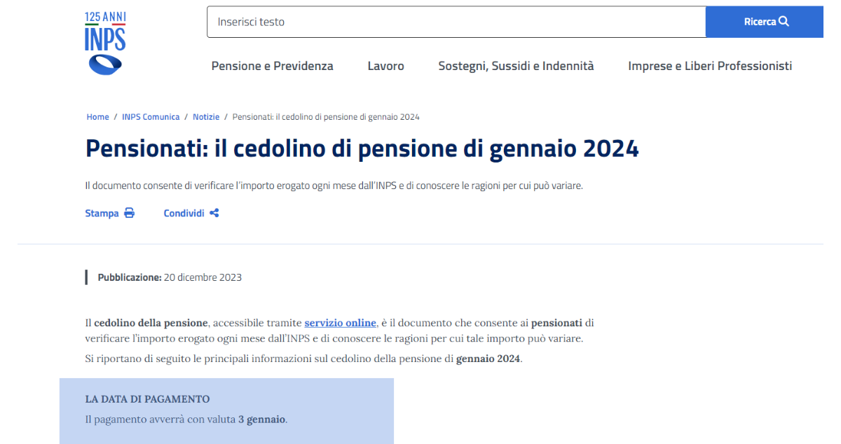 Pensioni gennaio 2024 pagamento in data unica per l’accredito INPS