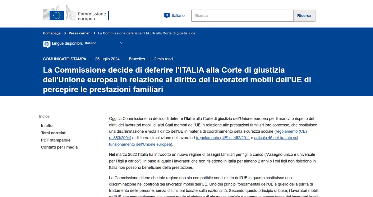 Assegno Unico: Italia Deferita Alla Corte Di Giustizia UE, Che ...