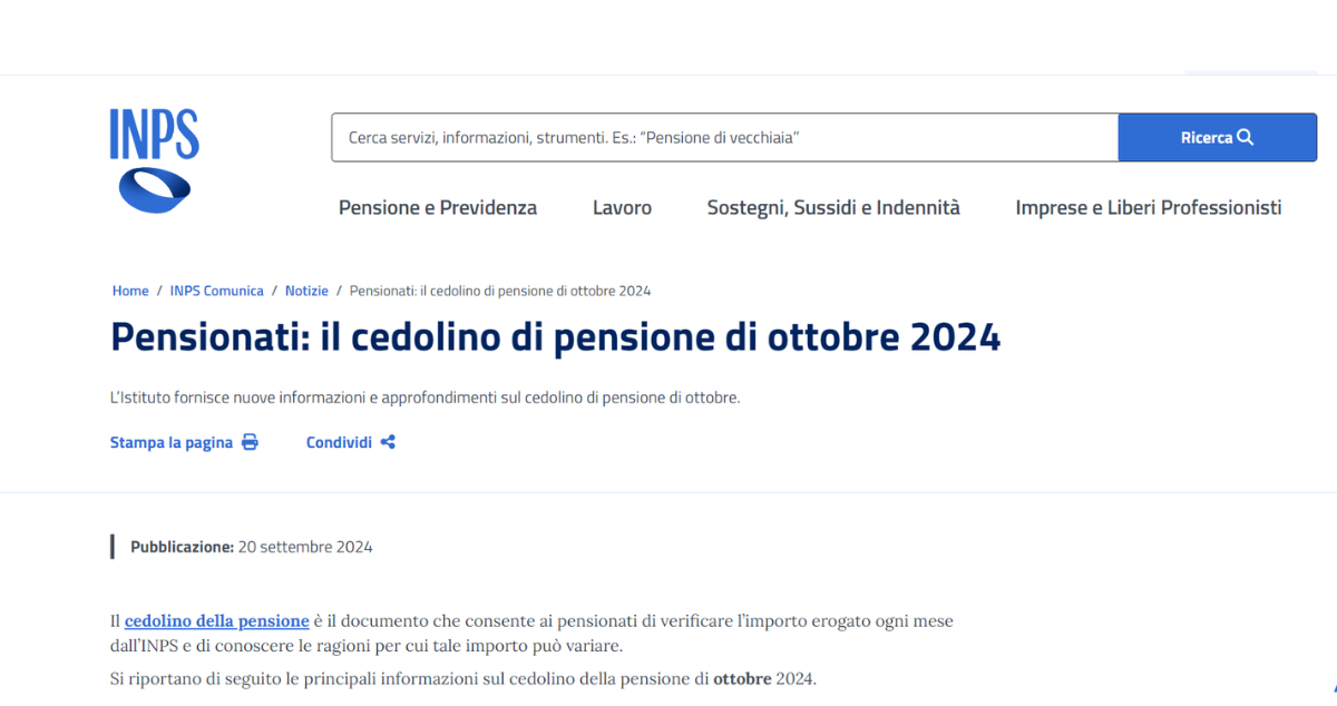 Cedolino pensione ottobre 2024 sul portale INPS dati su trattenute e